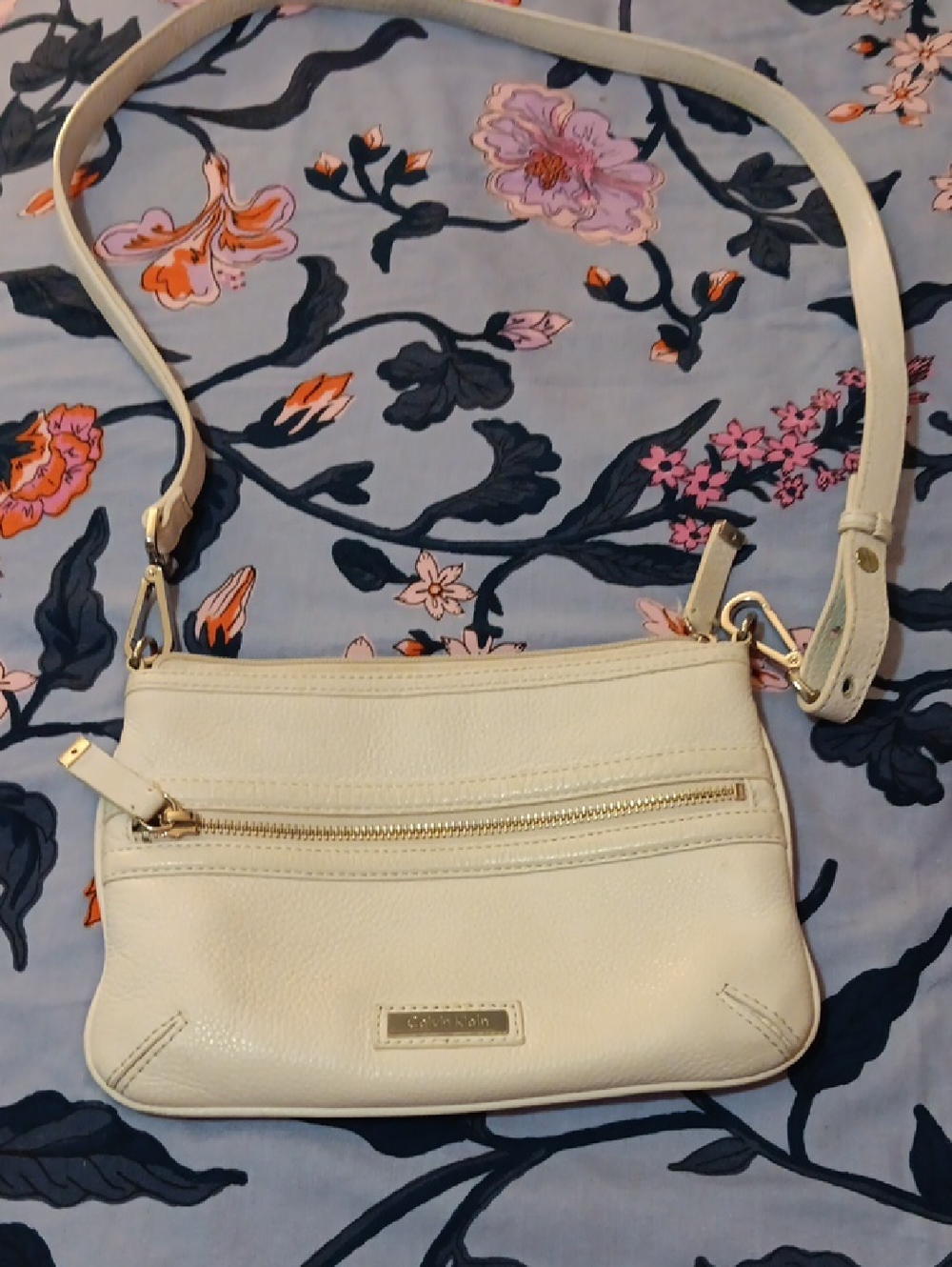 Calvin Klein Cream Leather Crossbody Bag with Silver Hardware